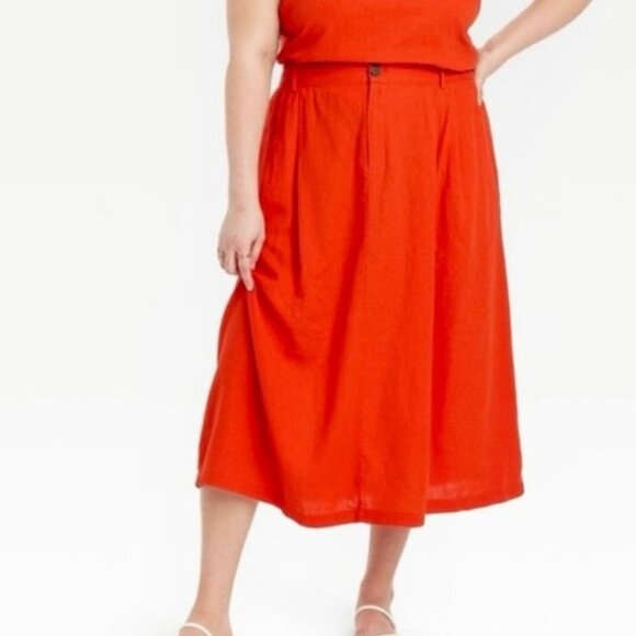 A New Day Orange Red Undertones Linen Cotton Blend Midi Skirt NWT 2X - Picture 2 of 3